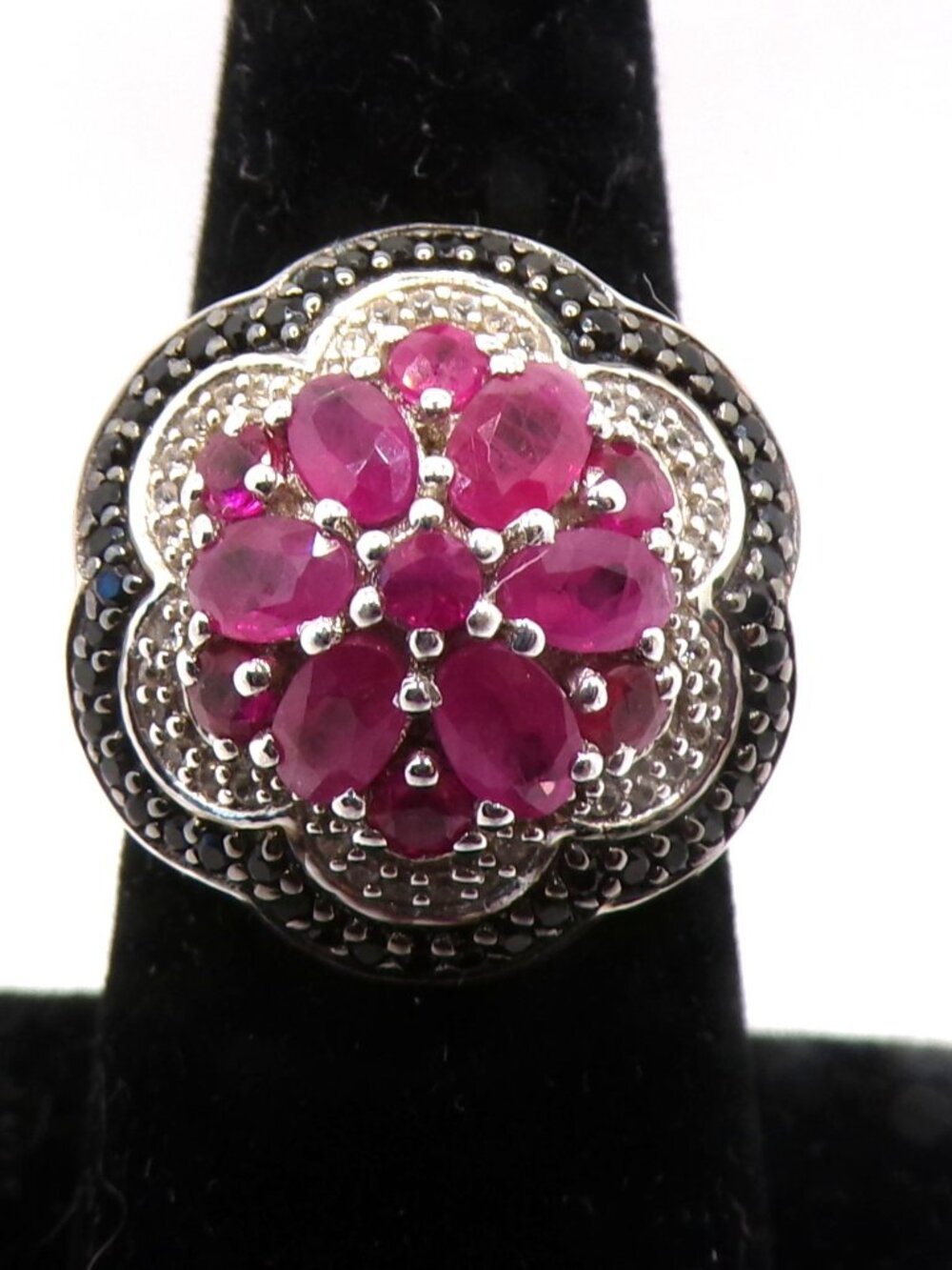 Chuck Clemency NYC II Sterling Silver Burmese Ruby & Black Spinel Floral Ring S7